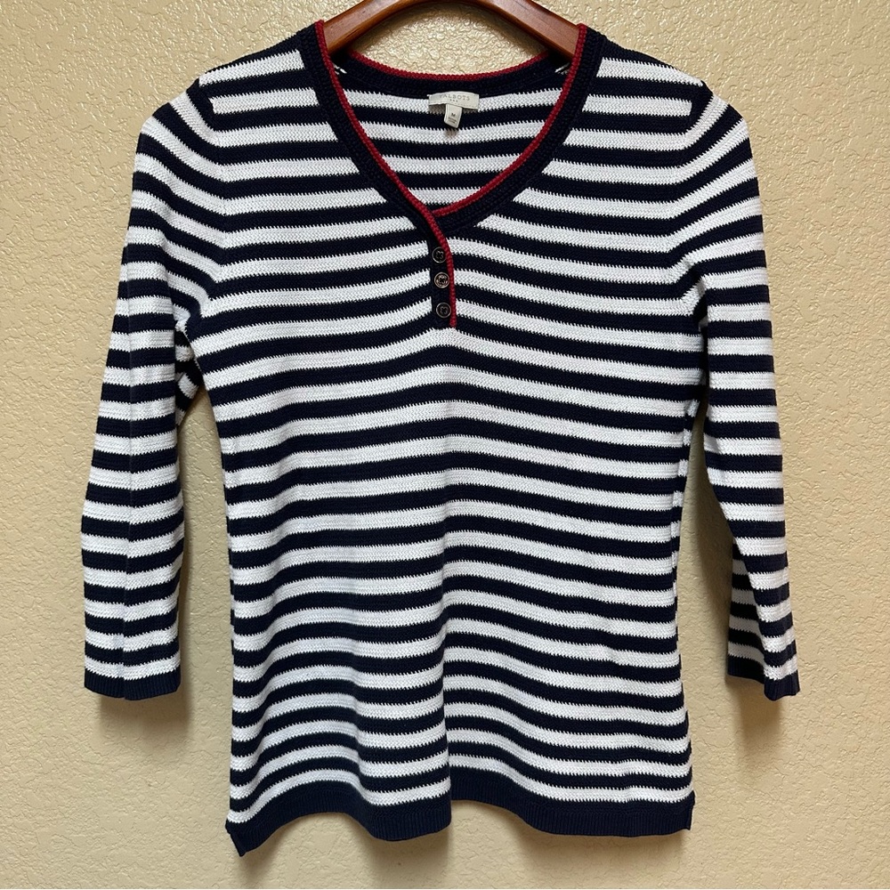 Talbots Striped Knit Sweater V Neck 100% Cotton Sized M Preppy Classic